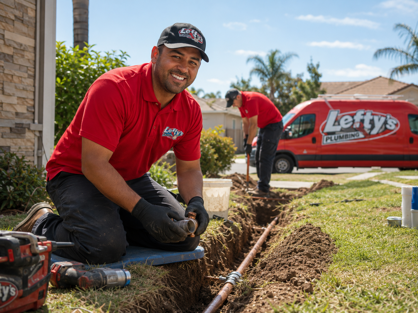 Lefty's crew working on a service line in a San Diego neighborhood