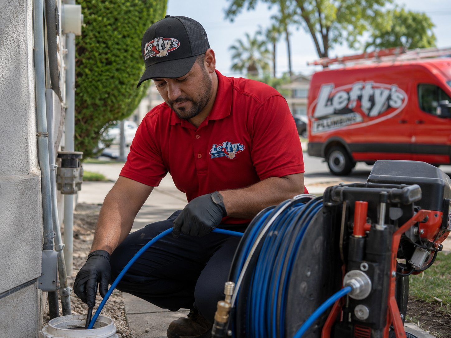 Rafael running a drain cleaning line at a San Diego home