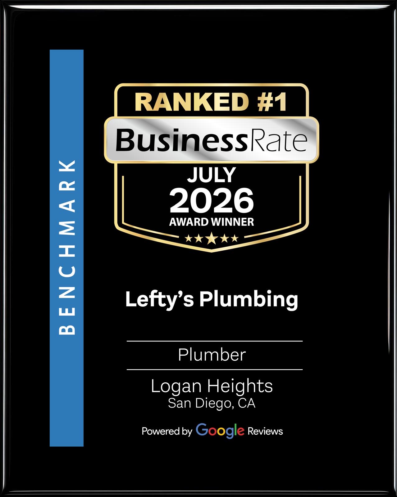 Lefty's Plumbing, ranked #1 plumber in Logan Heights, San Diego, BusinessRate July 2026 award winner